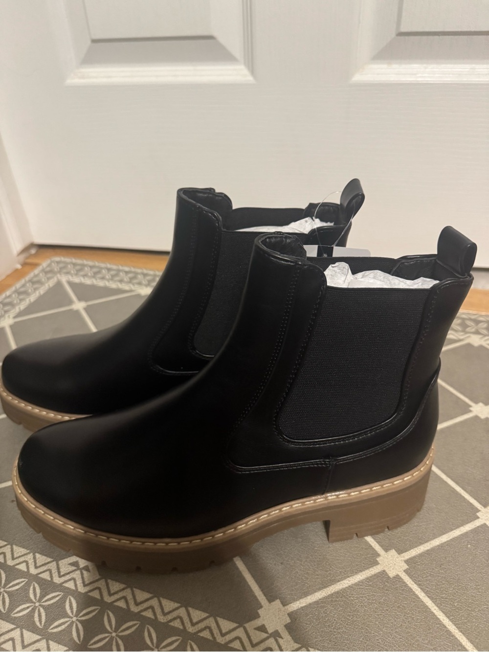 Black Chunky Chelsea Ankle Boots with Tan Lug Sole
